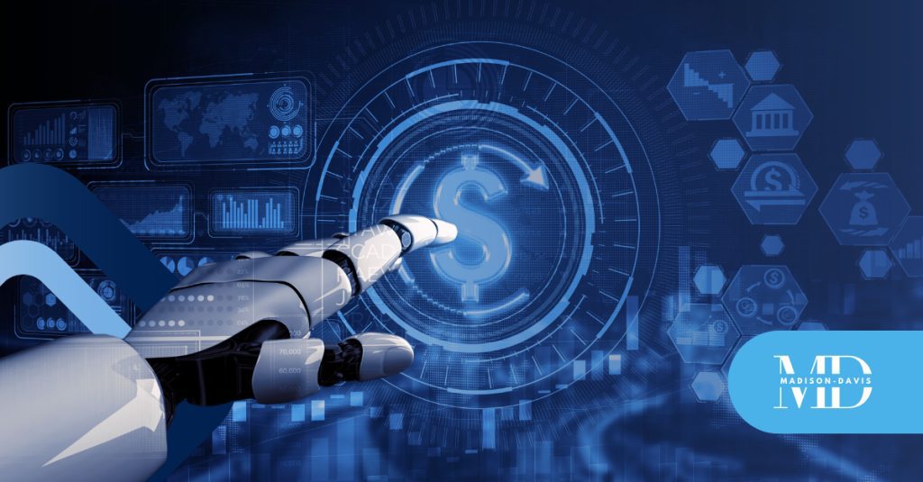 A robot hand reaches out to touch a digital dollar sign